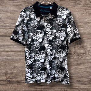 Robert Graham Polo Shirt Skull Floral Black White Short Sleeve Men's Size Medium